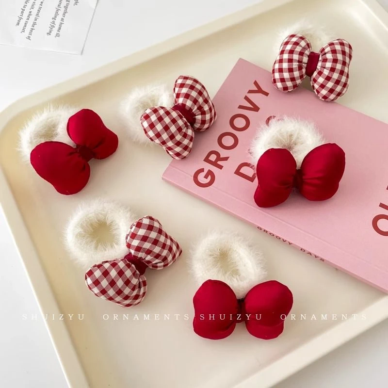 红色蝴蝶结毛绒发圈女宝宝头饰可爱发绳扎头皮筋高弹力耐用头饰