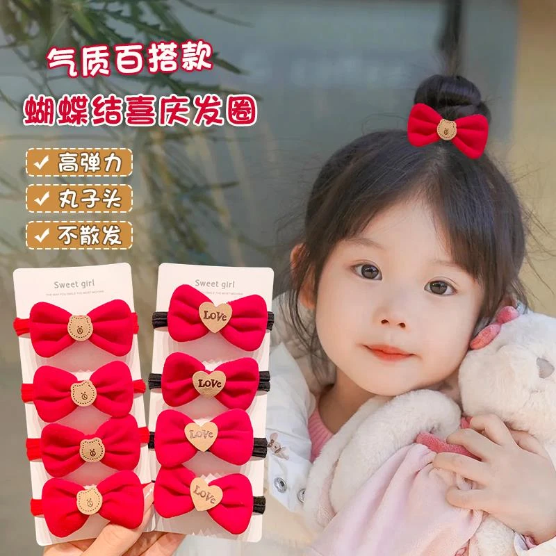 儿童新年红色丝绒蝴蝶结发圈女童可爱扎头发绳高弹力耐用头绳皮筋