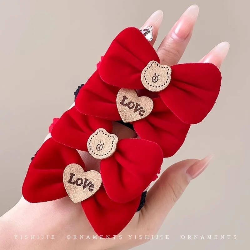 新年儿童酒红丝绒蝴蝶结皮筋头绳扎头发圈女孩后脑勺红色喜庆发饰