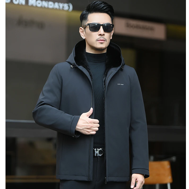 海宁新款男士派克服水貂毛内胆整貂皮草皮毛一体连帽中年外套冬季