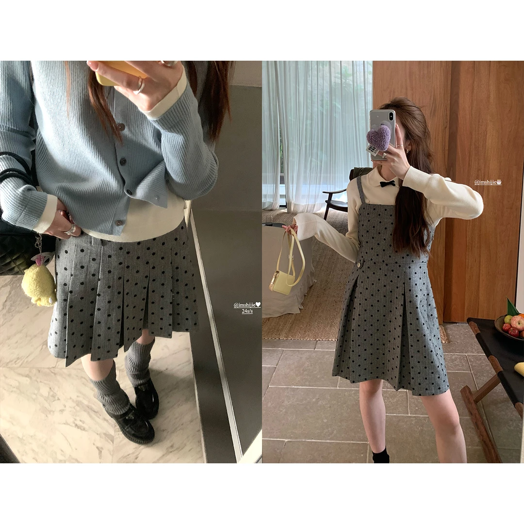 imxiang现货 grey千金植绒波点背心吊带裙高腰A字压褶百褶裙