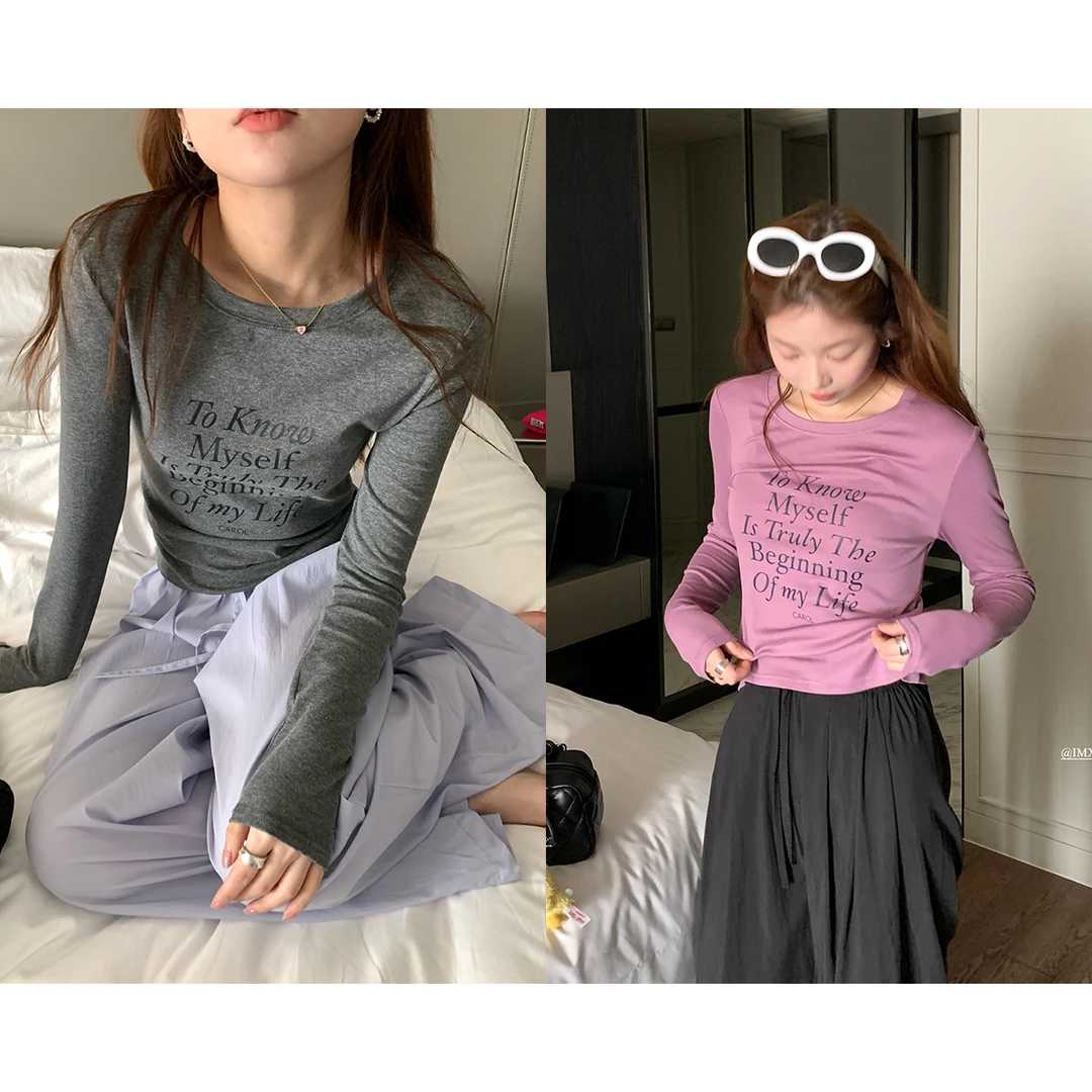 断码捡漏 首尔辣妹4色字母印花百搭长袖t恤女春甜辣打底-194