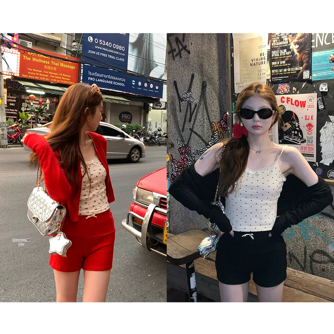 断码捡漏  安妮假日bm风美式针织吊带开衫短裤三件套女春套装-29