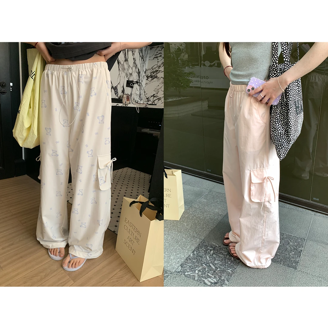 断码捡漏【缤纷总动员】小熊卡通印花蝴蝶结绑带工装阔腿裤-107