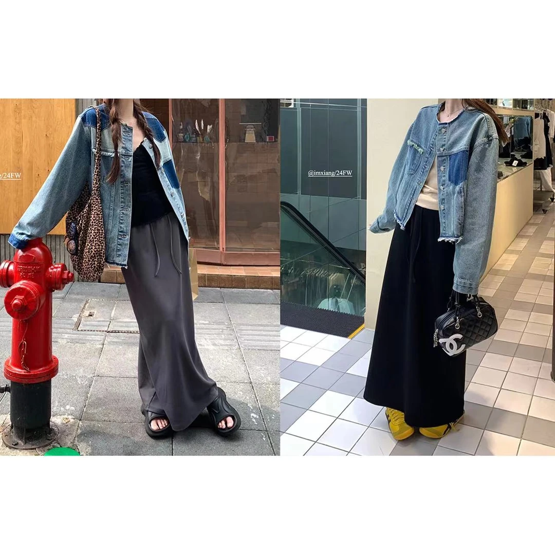 现货【不费力穿搭】细腰头百搭显瘦抽绳绑带长款半身裙秋松紧腰