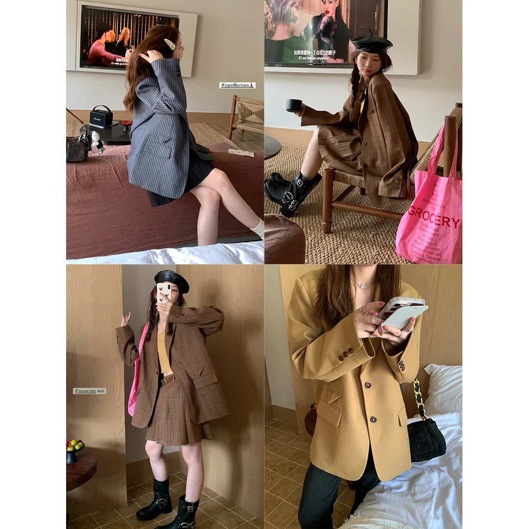 断码捡漏 廓形老爹西装外套女早秋慵懒感复古纹理西服套装-113