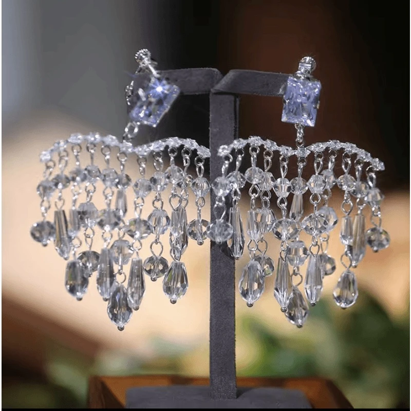 合金耳饰 新娘设计师灵动简约精致优雅耳饰方块钻流苏耳环