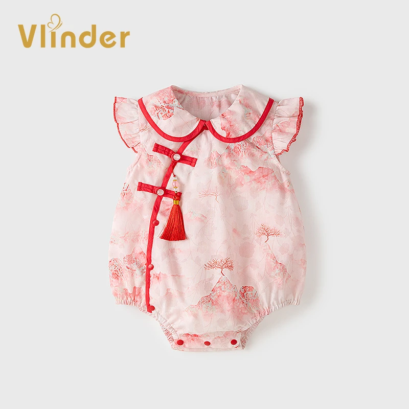 婴儿衣服夏装新生儿包屁连体衣女宝宝周岁百天满月宴国风薄款哈衣
