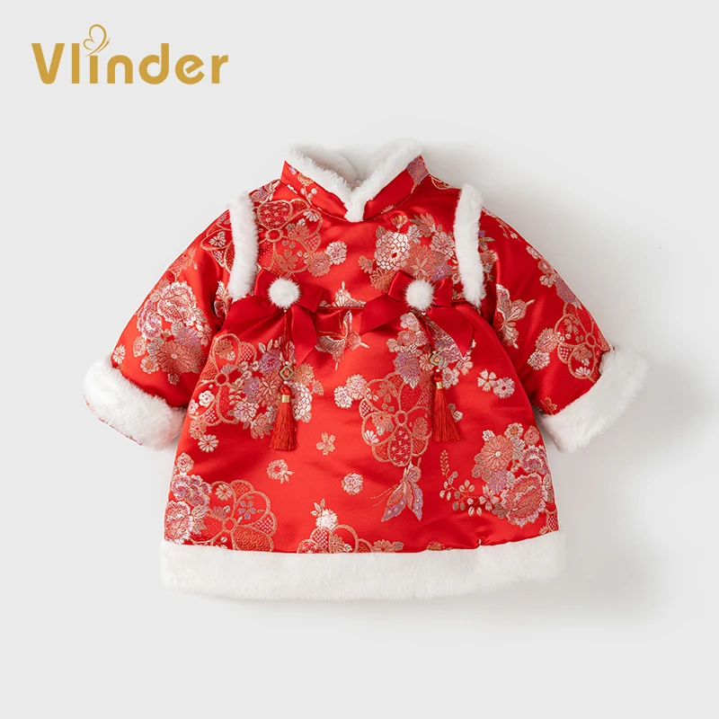 女宝宝拜年服冬装加绒加厚女童连衣裙婴幼儿唐装新年衣服周岁礼服
