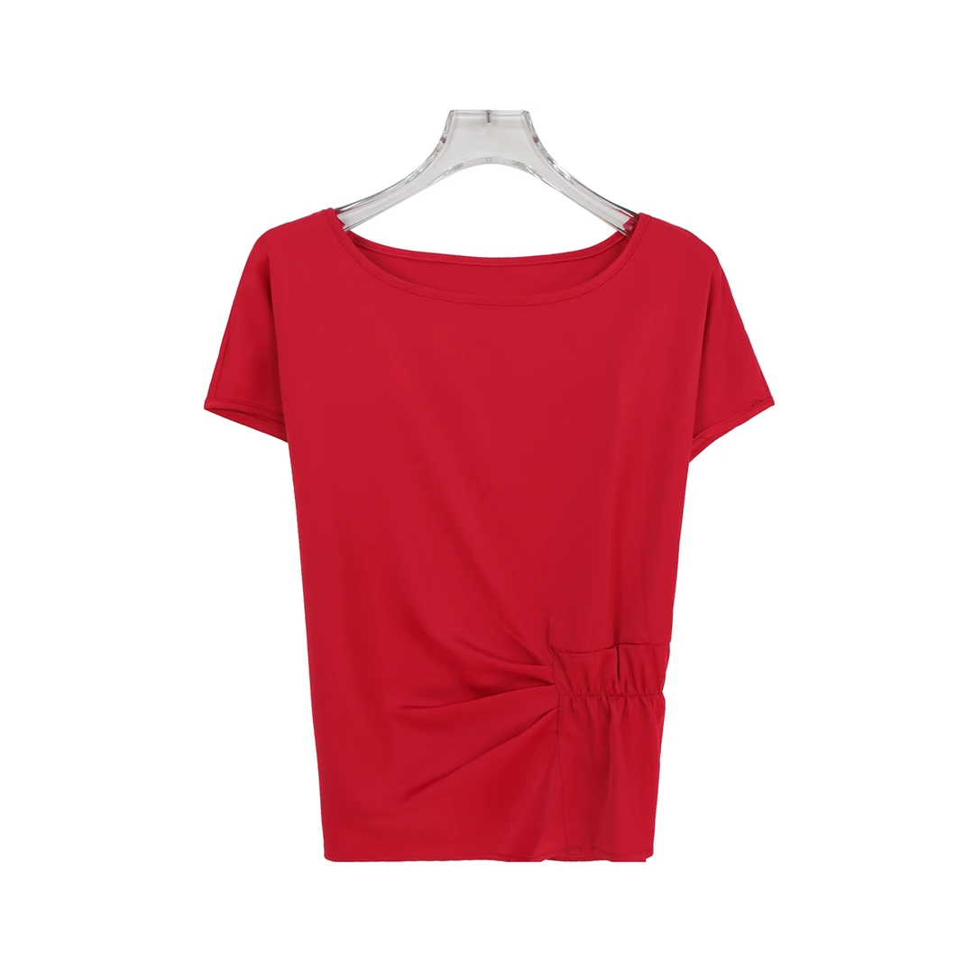 缎面纯色短袖不规则褶皱收腰显瘦上衣Z288