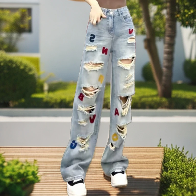 2025年流行春季女装欧货磨烂破洞字母刺绣浅色阔腿拖地裤牛仔裤潮
