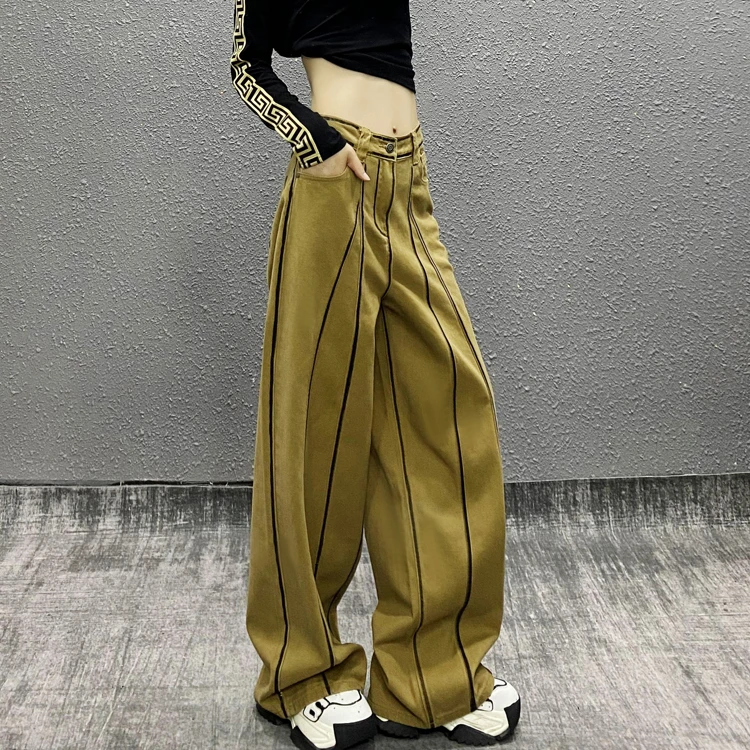 2025春秋新款欧货复古侧边拼色卡其色牛仔裤女宽松显瘦垂感阔腿裤