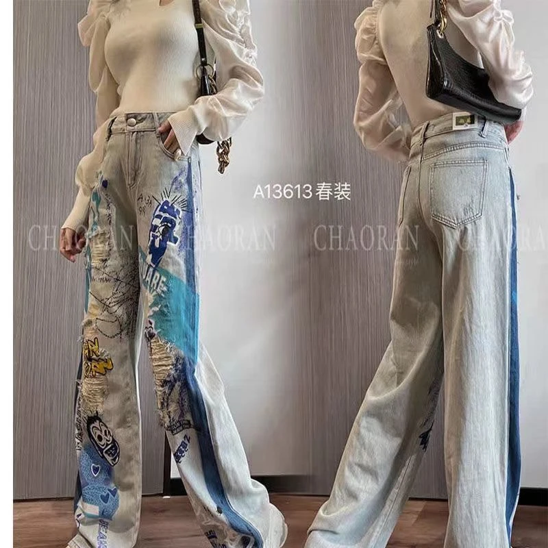 欧洲站欧货2025时尚新款牛仔裤女个性字母涂鸦手绘重工直筒拖地裤