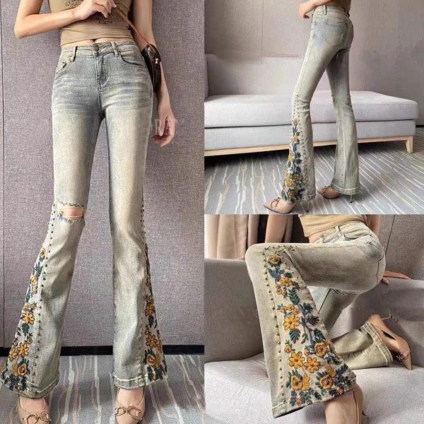 欧洲站欧货2025春季新款刺绣破洞百搭牛仔裤女显瘦九分裤喇叭裤潮