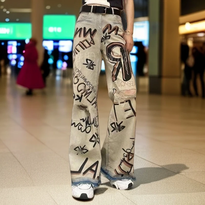 2025年夏季新款女装欧货复古破洞显瘦涂鸦字母印花牛仔裤阔腿长裤