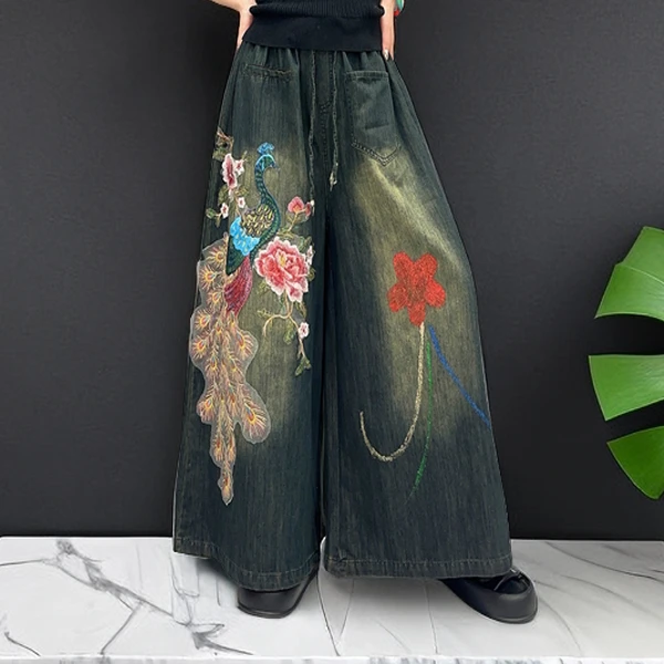 金来家2025春秋新款民族风宽松文艺绣花复古彩绘刺绣牛仔阔腿裤女