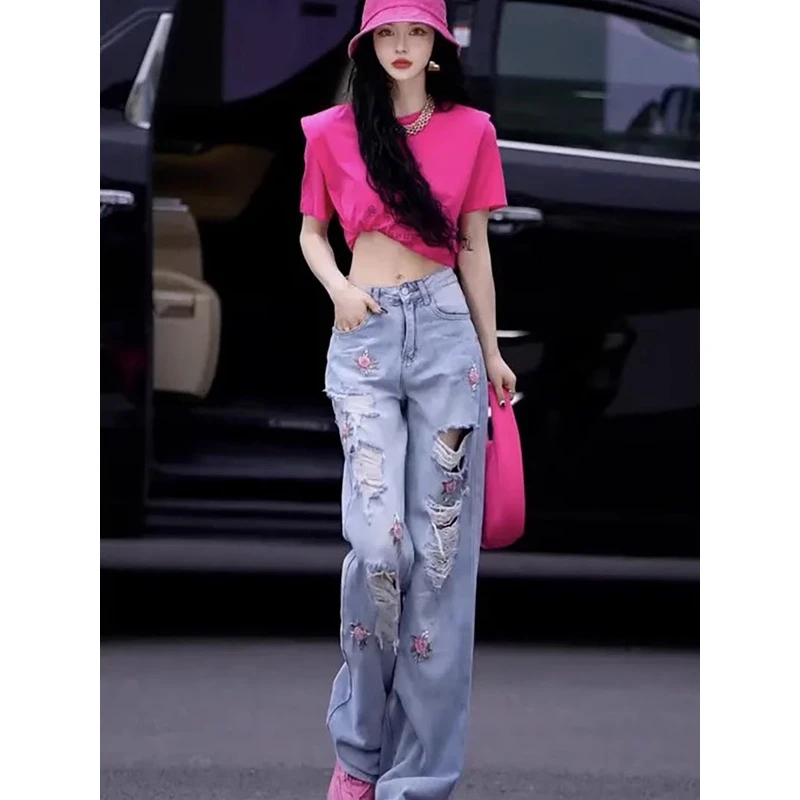 欧洲站欧货重工刺绣玫瑰花破洞牛仔裤女春夏高腰宽松显瘦阔腿裤潮
