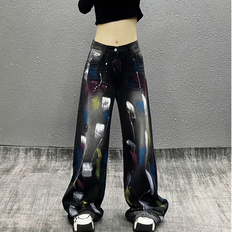 2025年春季新款欧货复古彩绘印花拼色牛仔裤女宽松显瘦阔腿拖地裤