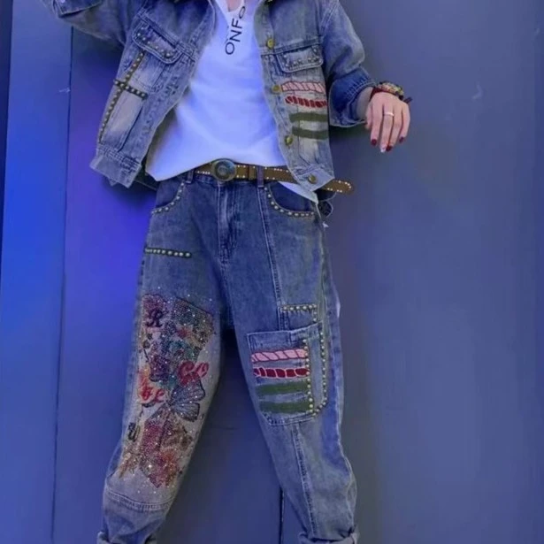 欧洲站欧货复古松紧腰烫钻钉珠牛仔裤新款直筒宽松大码哈伦老爹裤