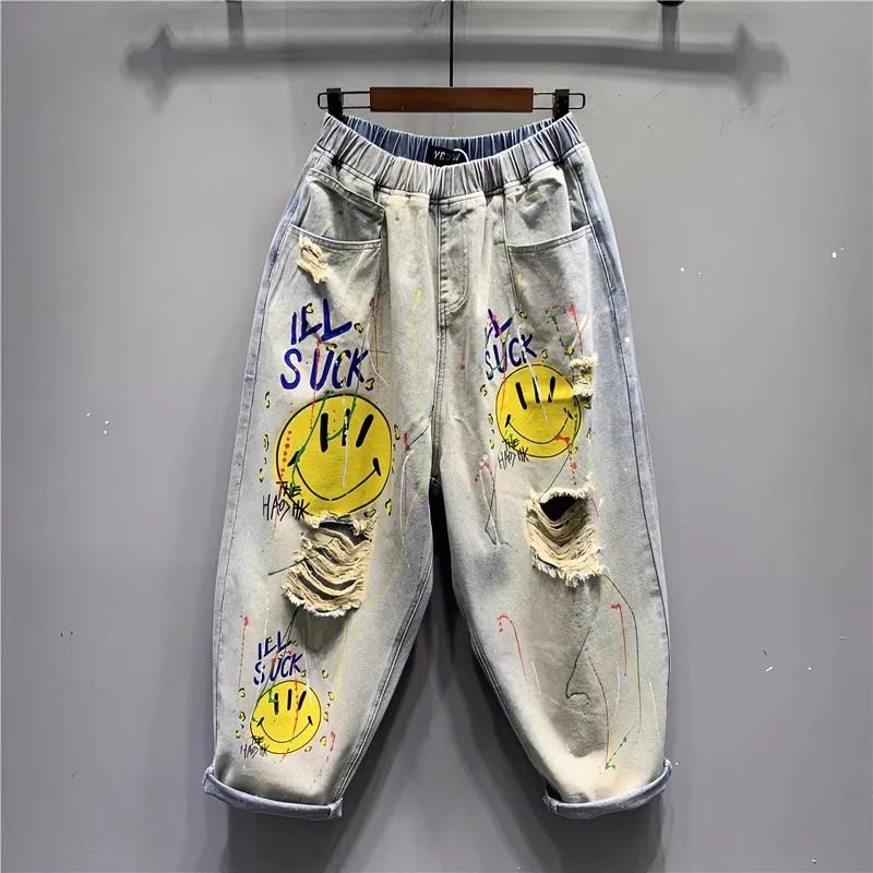 欧洲站欧货个性破洞九分牛仔老爹垮裤女春季高腰宽松阔腿哈伦裤潮