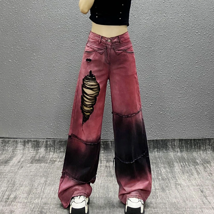 撞色轧染破洞牛仔裤女2025春夏新款设计感复古美式直筒休闲阔腿裤