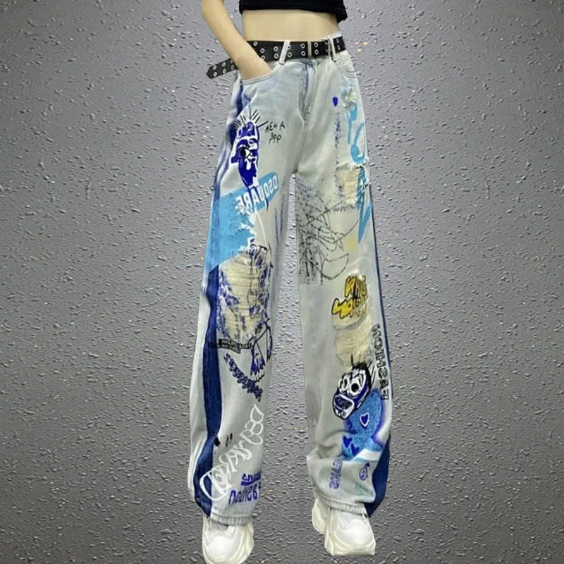 欧洲站欧货春夏百搭印花浅色破洞牛仔阔腿裤女高腰宽松直筒长裤潮