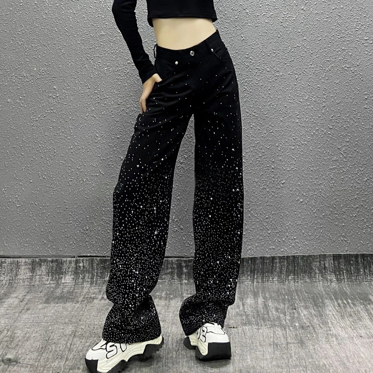 2025春秋新款欧货复古烫钻黑色阔腿牛仔裤女高腰显瘦直筒拖地长裤