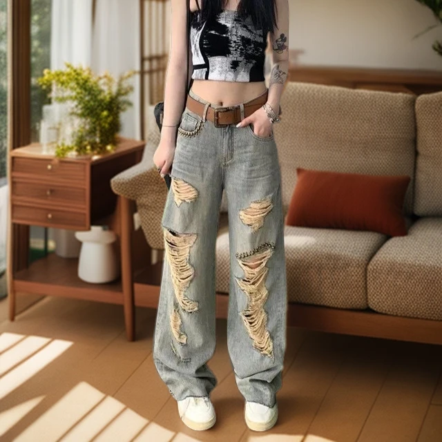 欧货2025年夏装新品美式做旧显瘦破洞钉珠牛仔裤女百搭直筒拖地裤