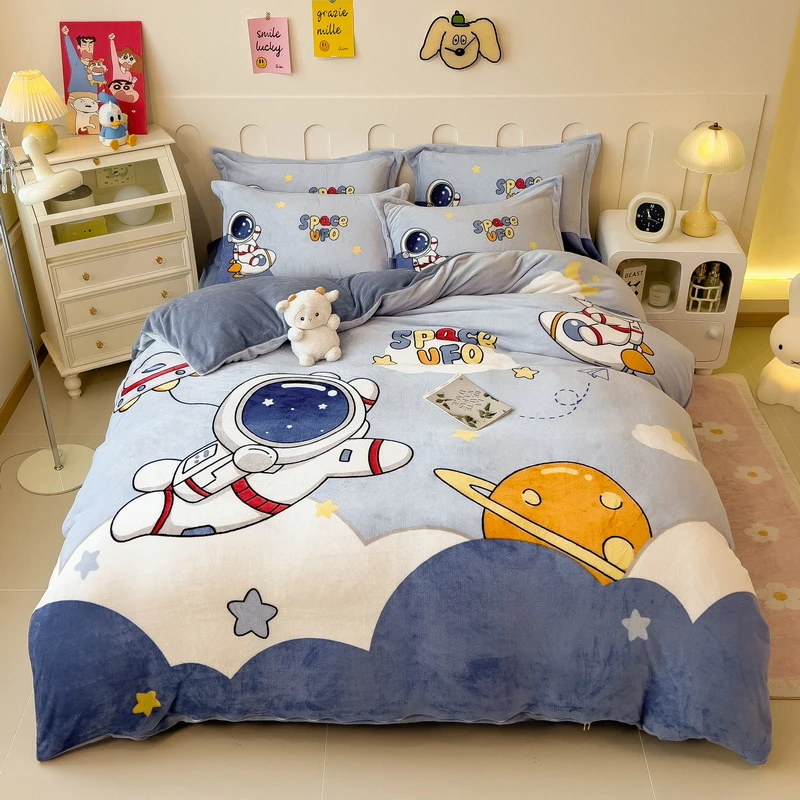 卡通大版印花牛奶绒四件套A类母婴级加厚加绒儿童双面绒床上用品