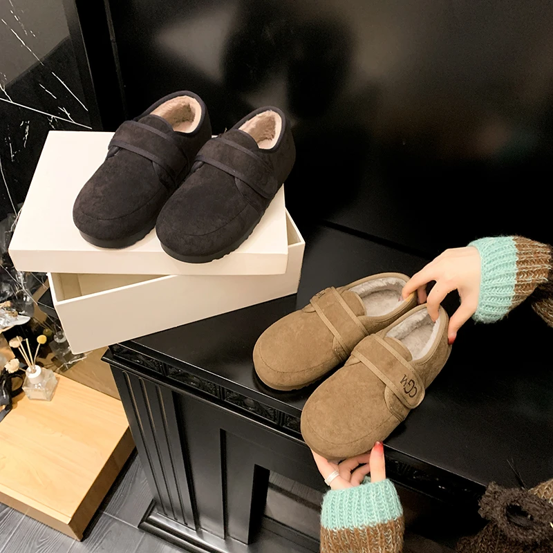 复古全包厚底勃肯鞋女冬季2024新款加绒保暖博肯一脚蹬棕色棉鞋子