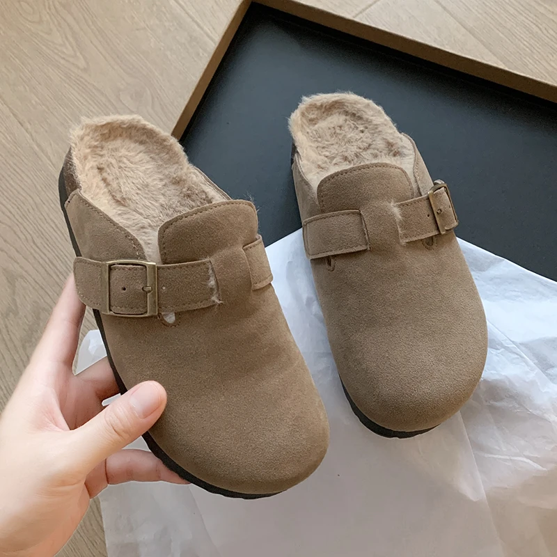 4cm增高勃肯鞋加绒勃肯包头半拖鞋女时尚外穿软木百搭勃肯穆勒鞋