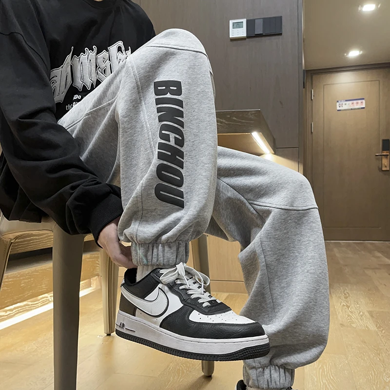 灰色束脚直筒裤子男款春秋季青春潮流百搭宽松运动裤美式休闲卫裤