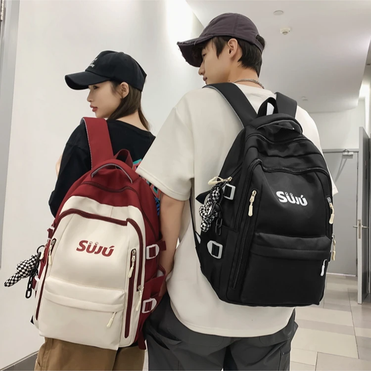 大容量撞色双肩背包高度45厘米初高中大学生书包字母双肩包休闲风
