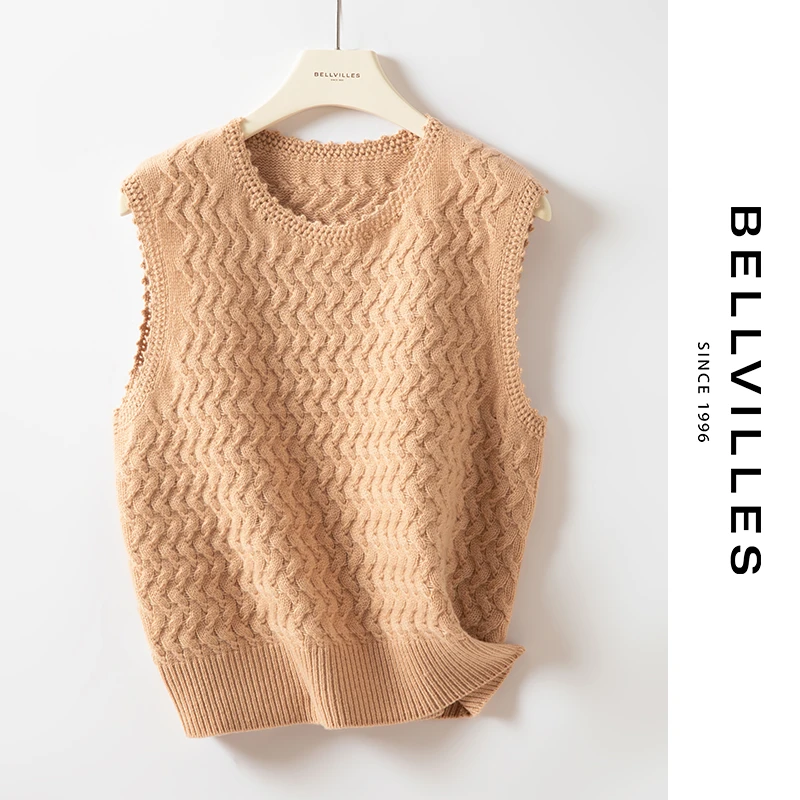 贝拉维拉【100%山羊绒】马甲羊绒衫内搭叠穿时尚温柔系绞花坎肩马甲