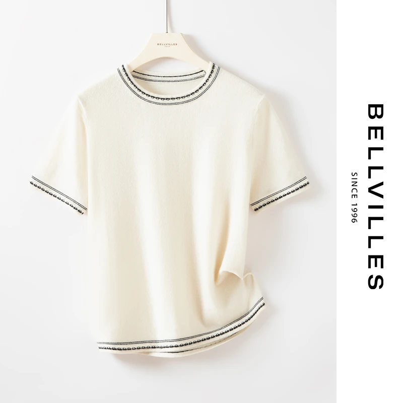 贝拉维拉【100%山羊绒】短袖羊绒衫女装春秋季百搭圆领叠穿半袖女装