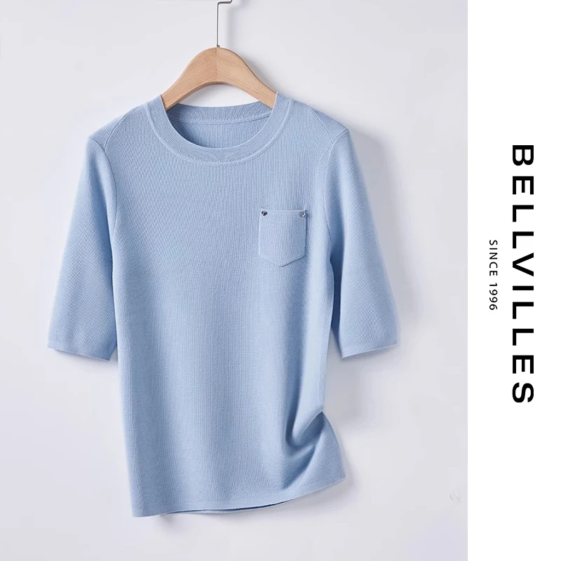 BELLVILLES/贝拉维拉时尚短袖圆领针织夏季新款全羊毛纯色女装T恤