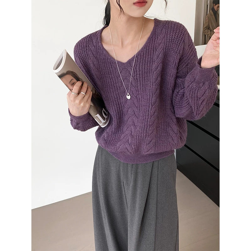 韩系温柔领软糯亲肤麻花毛衣女慵懒气质针织衫