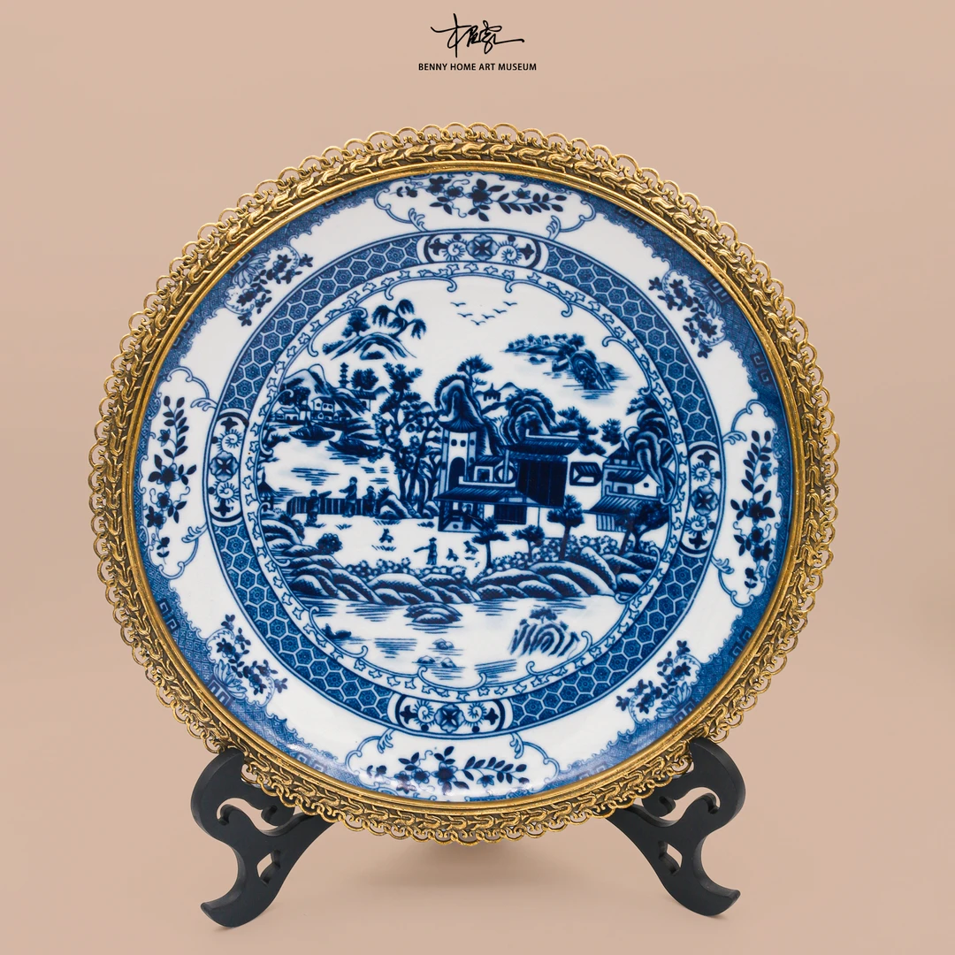 【本尼家】HX27新中式仿古青花装饰盘陶瓷配铜壁挂盘赏盘摆件