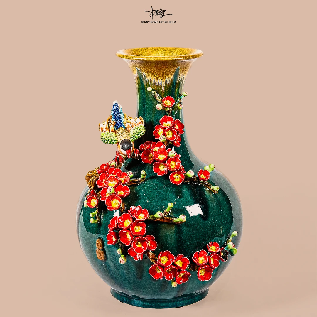 【本尼家】AM07非遗手工石湾陶摆件《喜上眉梢》天球瓶插花瓶玄关摆件