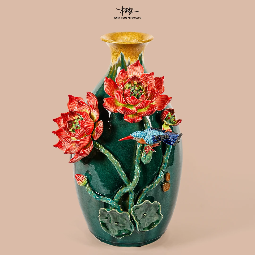 【本尼家】AM04非遗手工石湾陶瓷蜂鸟荷花瓶艺术装饰桌面玄关摆件