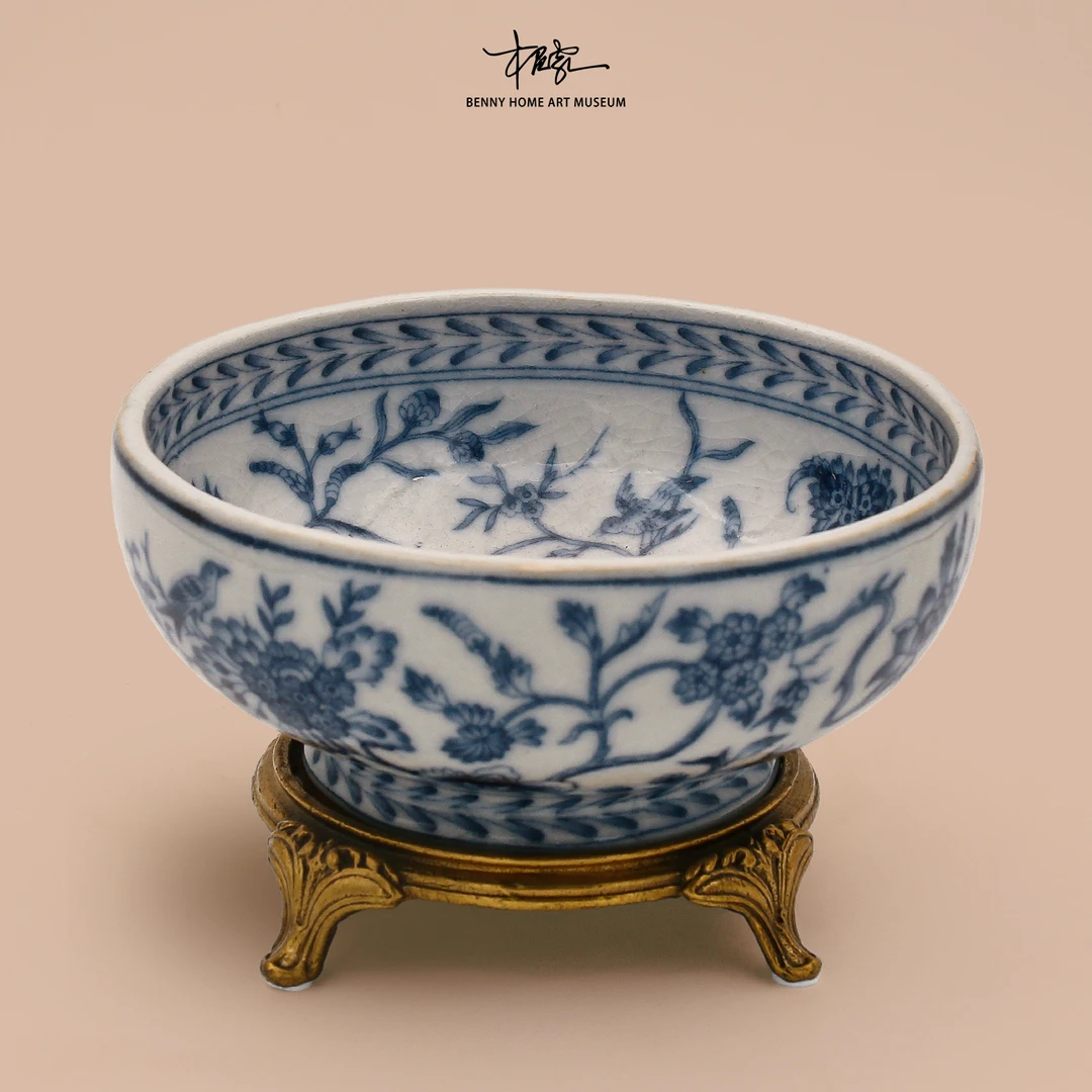【BENNY本尼家】HX23中式复古青花陶瓷釉下彩莲花铜底桌面装饰摆件
