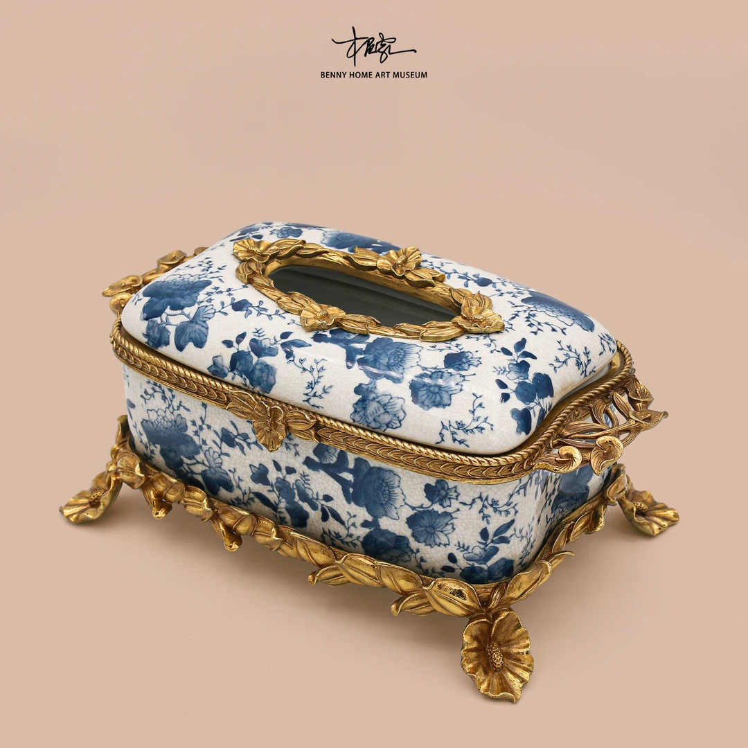 【本尼家】GY178欧式轻奢瓷镶铜纸巾盒陶瓷抽纸盒家用创意摆件