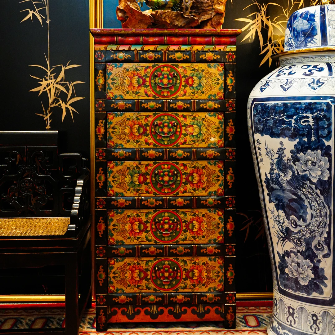 【BENNY本尼家】中式做旧角柜手工彩绘竹节五斗柜木质收纳柜玄关柜