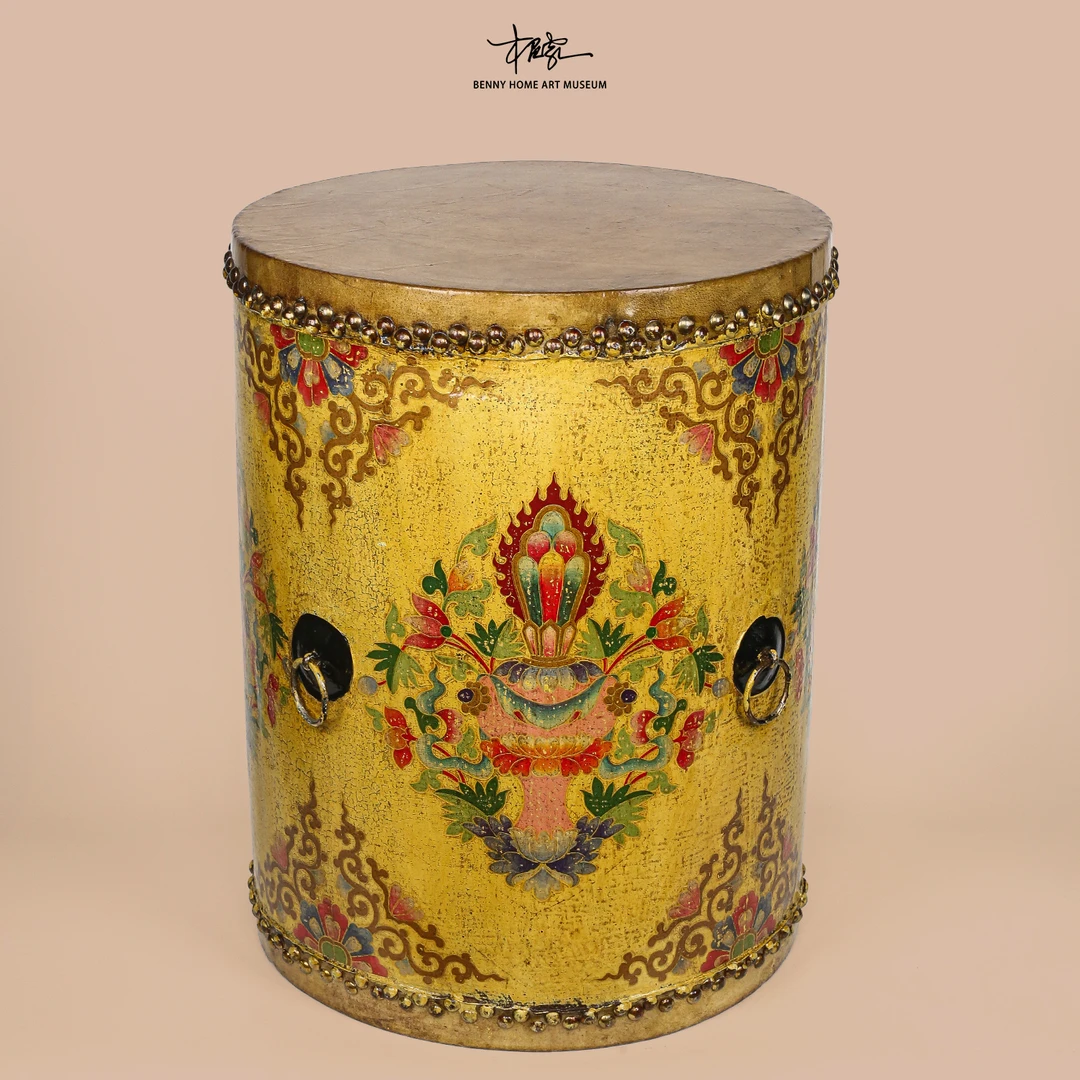 【BENNY本尼家】黄色中式鼓鼓凳皮鼓做旧彩绘装饰摆设家居落地摆件