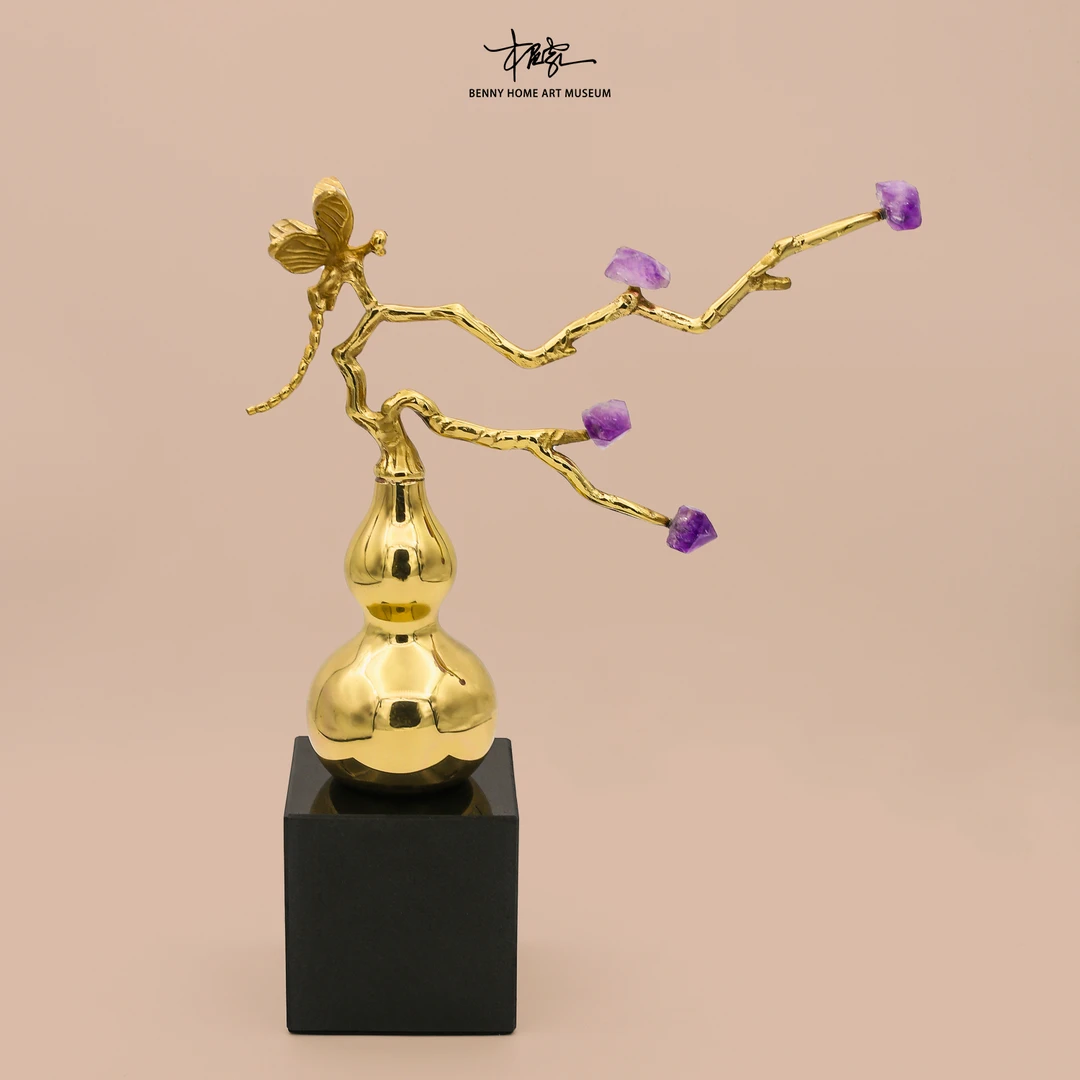 【BENNY本尼家】新中式黄铜葫芦蜻蜓紫水晶树福禄客厅玄关摆件
