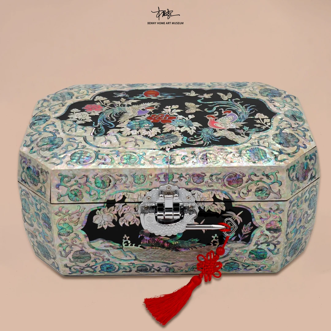 【本尼家】JH08非遗好物螺钿漆器盒黑色八角螺钿首饰盒装饰摆件