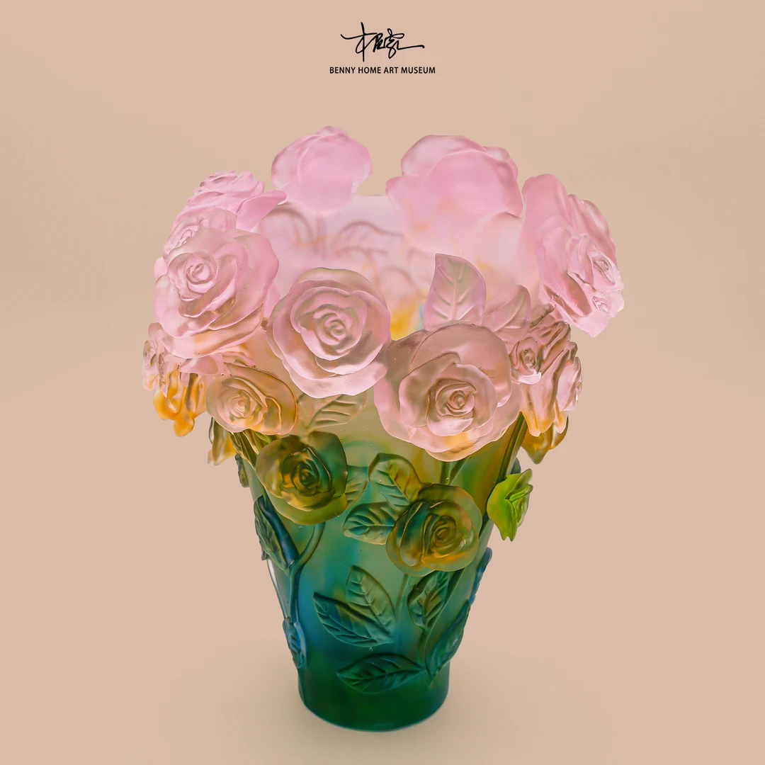 【本尼家】LL3非遗好物古法琉璃玫瑰花花瓶手工雕刻艺术玄关摆件