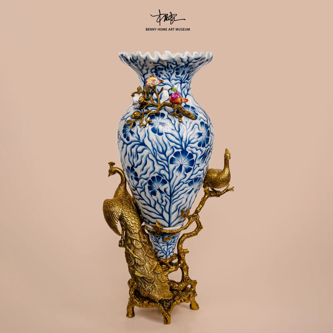 【BENNY本尼家】HX48铜配陶瓷复古软装饰青花瓷花瓶架客厅玄关摆件