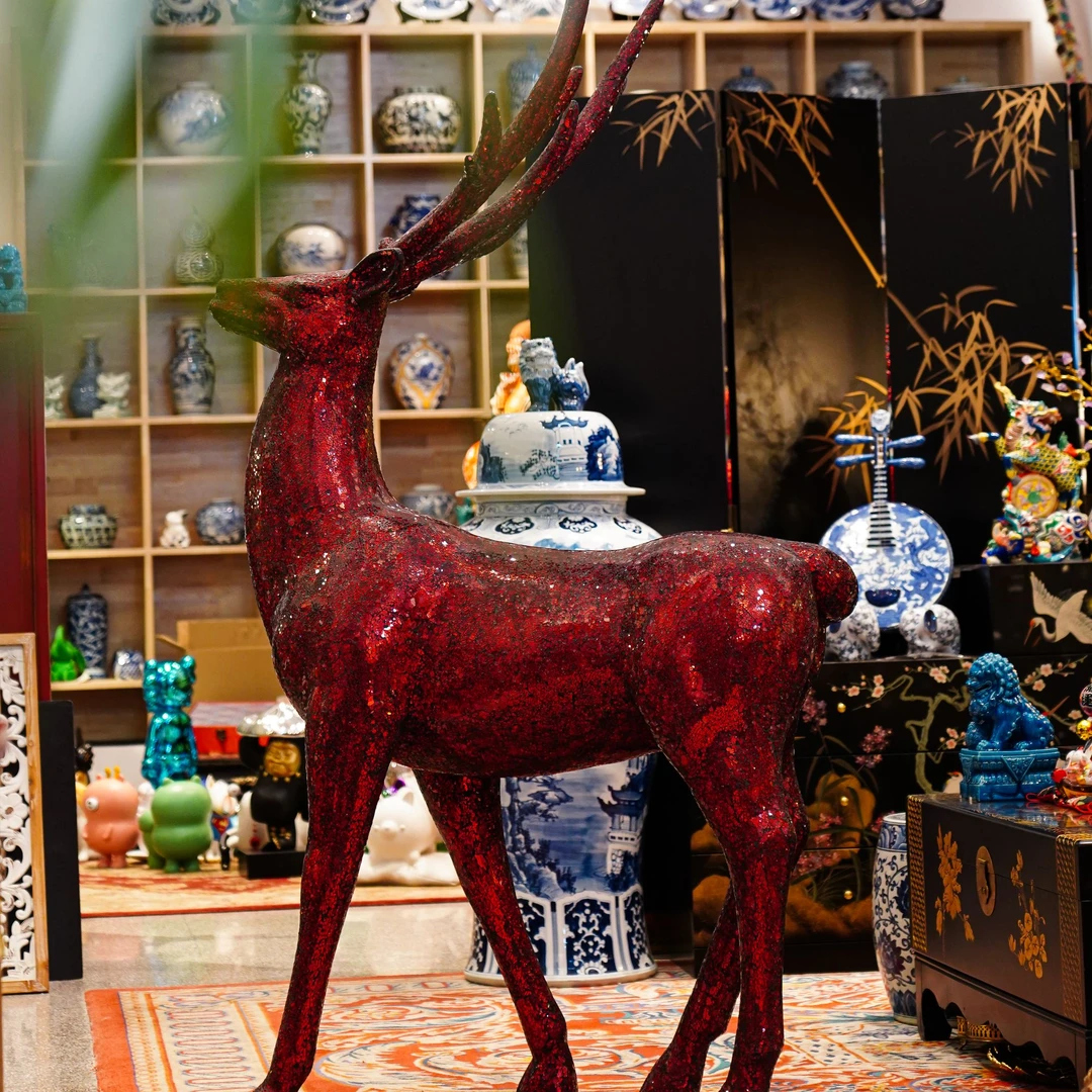 【BENNY本尼家】手工镜片贴片红色大号昂头鹿客厅别墅庭院艺术摆件