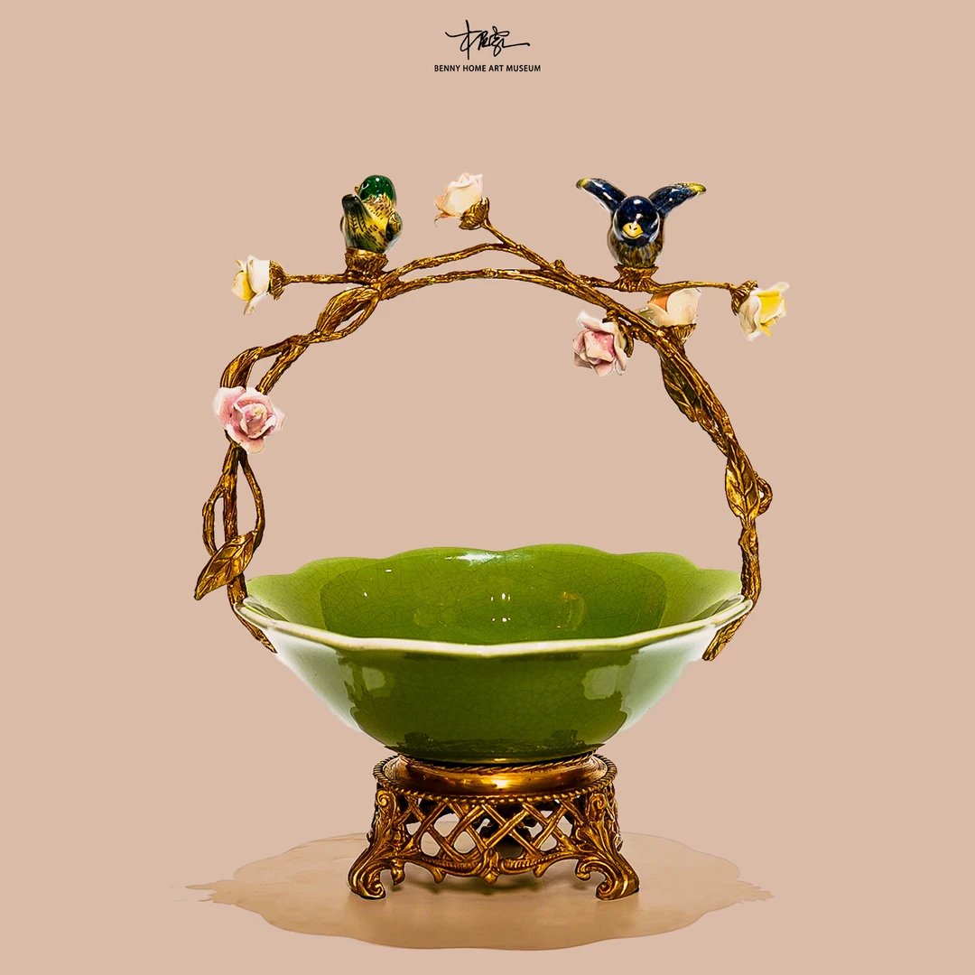 【本尼家】JM09瓷镶铜欧果盘茶几装饰果碗家用花鸟陶瓷桌面装饰摆件